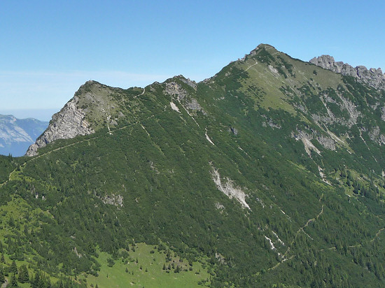 links Gafleispitz (2000 m), rechts Kuhgrat (2123 m), Ansicht vom Kamin