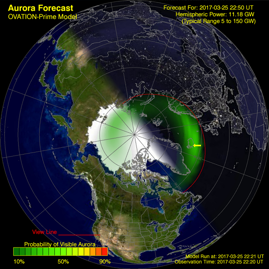 Momentaufnahme der NOAA Aurora Forecast mit Marker auf Island