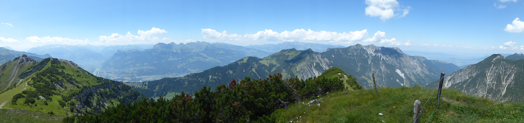 Panorama - View from Schönberg in direction to the Rhine and the mountain range from Helwangspitz to Drei Schwestern